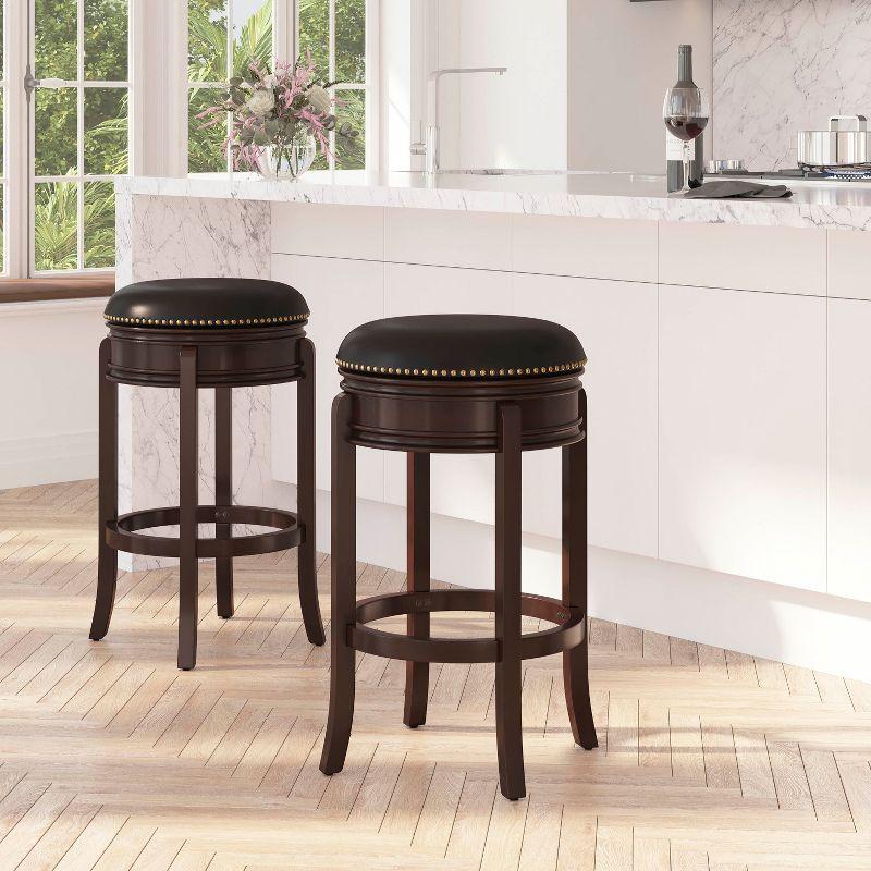 Cappuccino Wood 30" Backless Swivel Barstool with Leather Upholstery