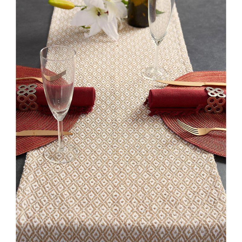 Design Imports  Mini Diamond Jacquard Fringe Table Runner, Stone, 15X72"