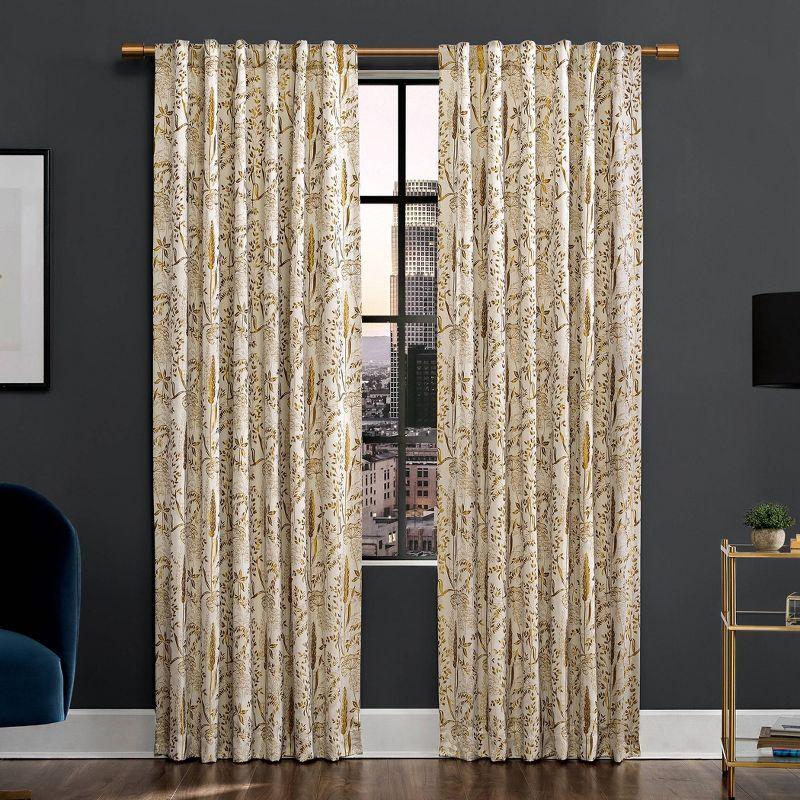 Gold Floral Blackout Pleated Polyester Curtain Panel