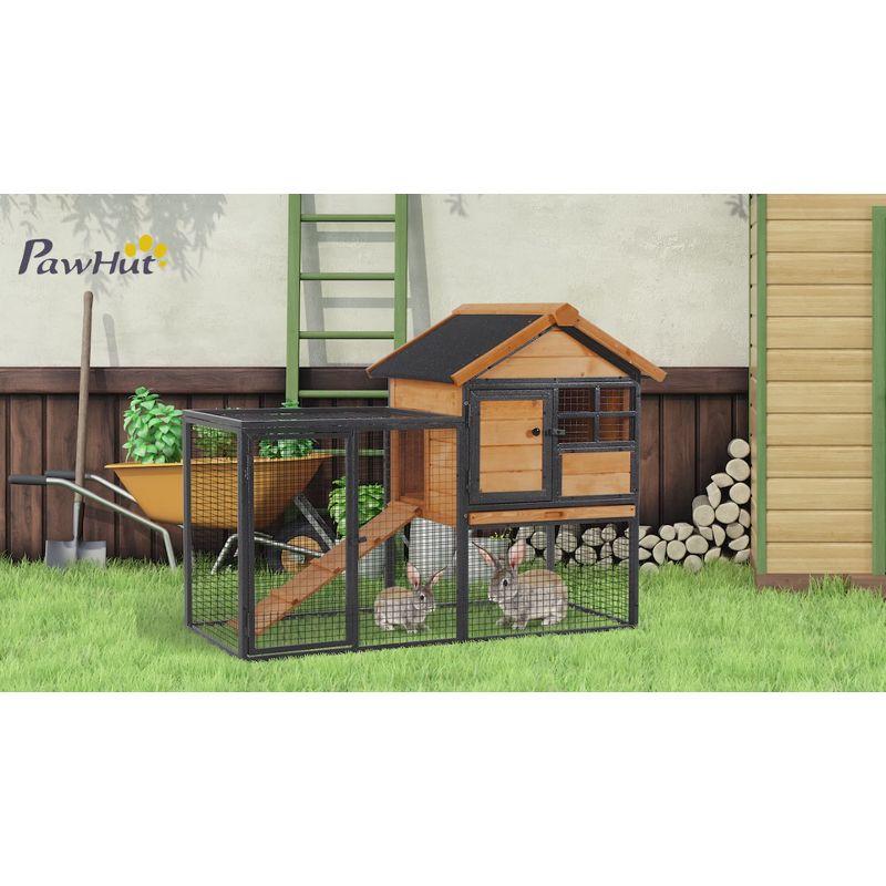 PawHut 2-Level Rabbit Hutch Bunny House with Weatherproof Hinged Asphalt Roof, Removable Tray and Ramp for Outdoor