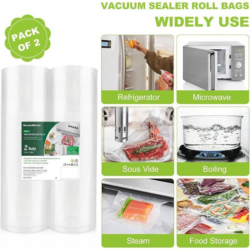 Bonsenkitchen Vacuum Sealer Bags, 11 in x 50 ft Rolls 2 Pack, BPA Free, Commercial Grade Textured Food Roll Bags, Customized Size, Sous Vide Cooking