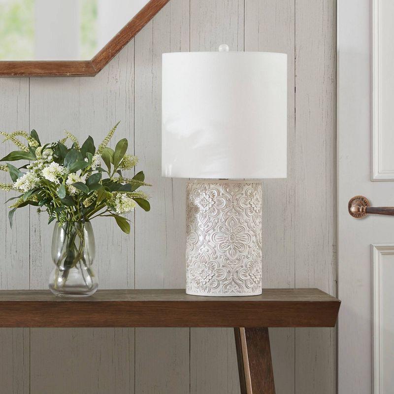 Ink+Ivy Ashbourne Embossed Floral Resin Table Lamp (Includes LED Light Bulb) Ivory : Elegant Nightstand & Decorative Cylinder Shade