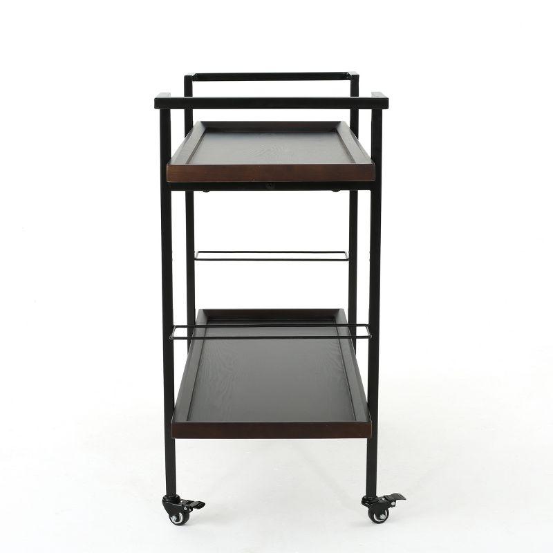 GDFStudio Harrison Industrial Faux Wood and Iron Bar Cart with Wheels, Dark Walnut