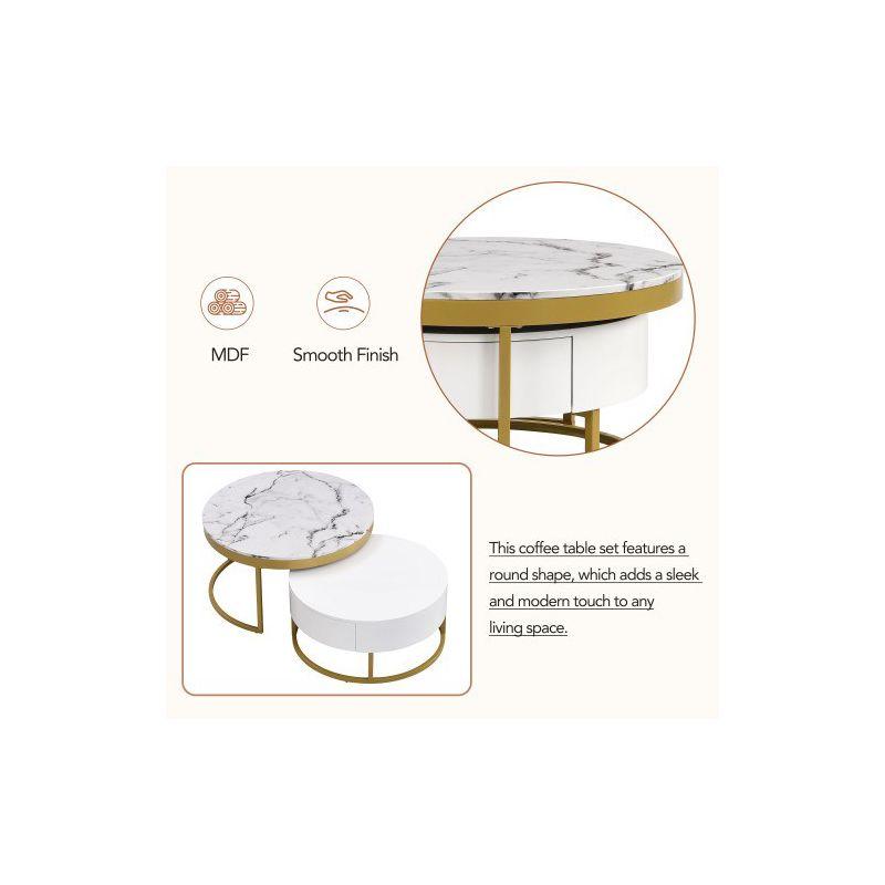 Modern Round Nesting Coffee Table with Drawers, White