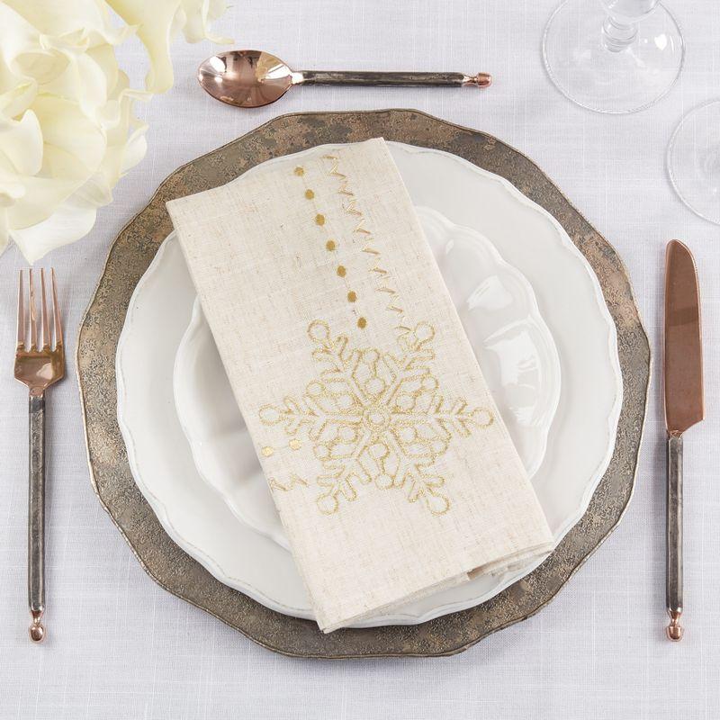 Natural Linen Embroidered Snowflake Winter Napkins, Set of 4