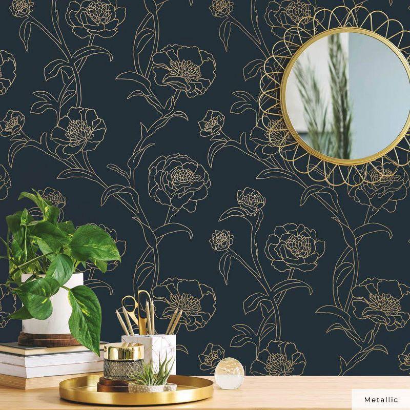 Tempaper & Co.® Peonies Removable Peel and Stick Wallpaper, Peacock Blue and Metallic Gold Floral, 28 sq. ft.: Vinyl Self-Adhesive