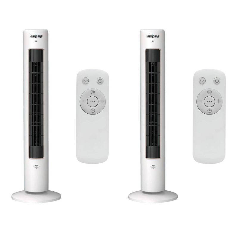 Hurricane 40 Inch Triple Action Air Enhancing Tower Fan and Aromatherapy Diffuser with Remote Control and Floor Mount Construction, 2 Pack, White