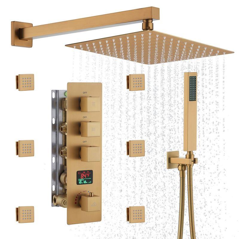 CASAINC KCHS0017-12BG 12 Inch Rainfall Thermostatic Shower System with Body Spray and Temperature Display