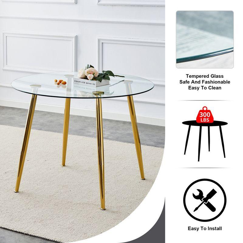 Round Glass Dining Table, 40 Inch Modern Minimalist Dining Table With Gold Plated Metal Legs, Non-Slip Rubber Pads, Golden