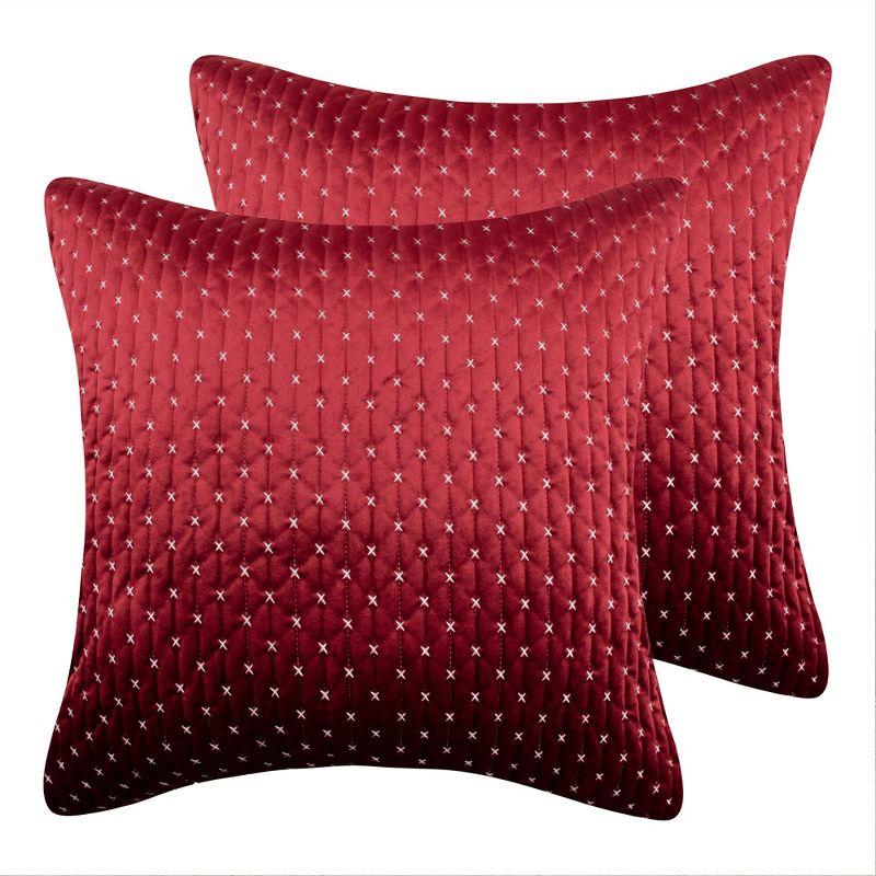 Velvet Red Euro Shams with White Cross Stitch Pattern, Set of 2