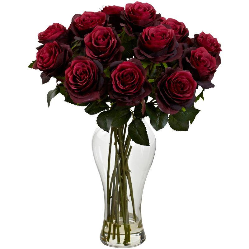 Burgundy Faux Rose Bouquet in Glass Vase, 7" x 23"