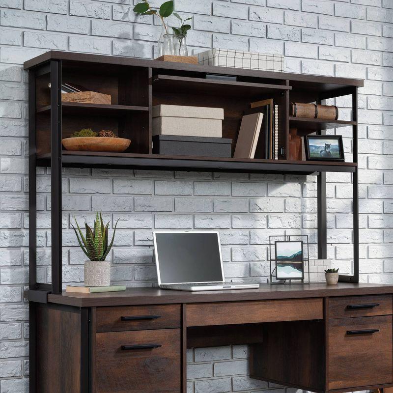 Barrel Oak and Black Metal Computer Desk Hutch with Shelves