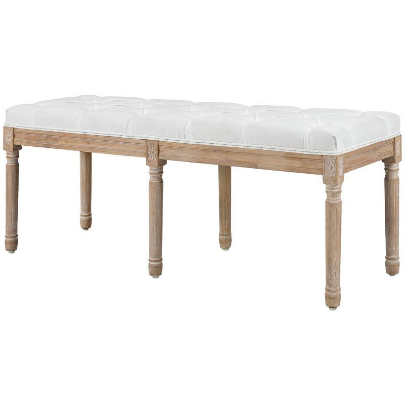 HOMCOM French Vintage Style End of Bed Bench, Linen Upholstered Bench with Thick Padded Seat and Wood Legs, Tufted Bedroom Bench, Cream White