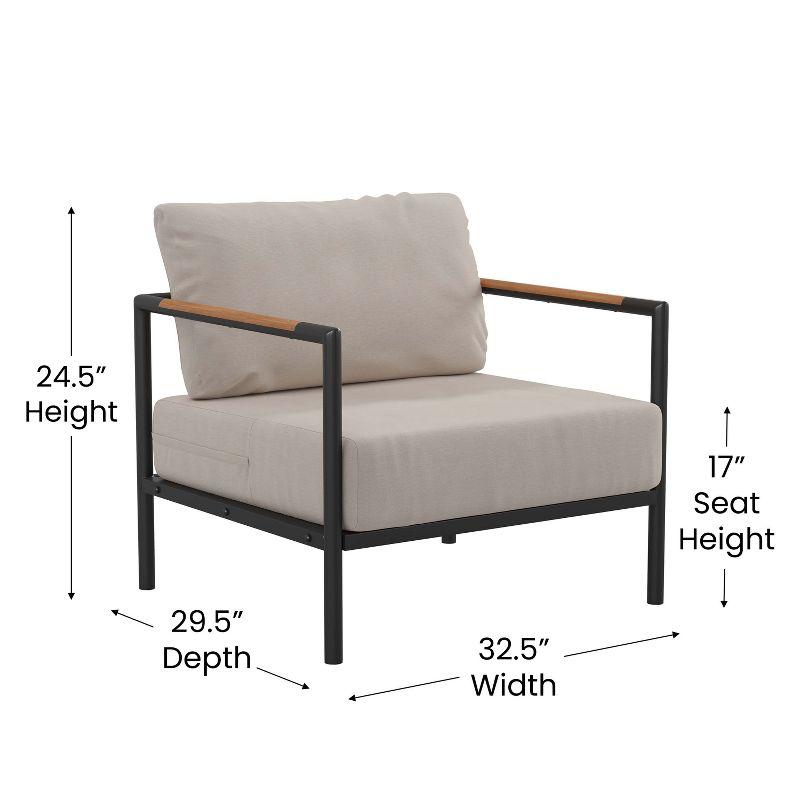 Modern Black Steel Patio Chair with Beige Cushion Accents