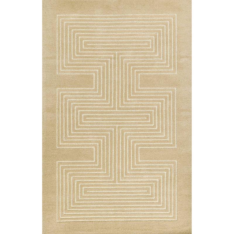 Beige Geometric Hand-Tufted Wool Rectangular Rug 2'x3'