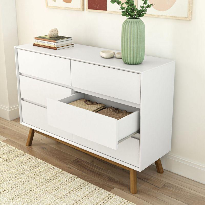 Plank+Beam Solid Wood Mid-Century Modern 6-Drawer Dresser, White/Pecan