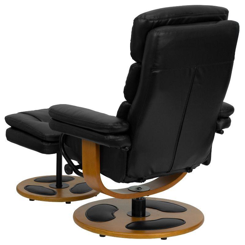 Luxurious Black Leather Swivel Recliner with Wood Base and Ottoman