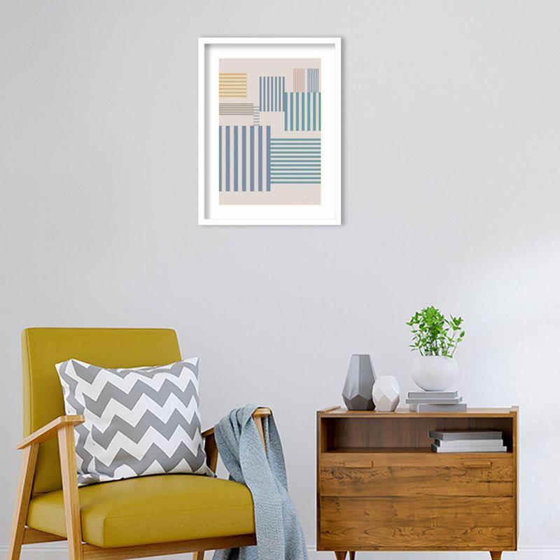 Modern Abstract Blue and Green Striped Wall Art Print with Wood Frame