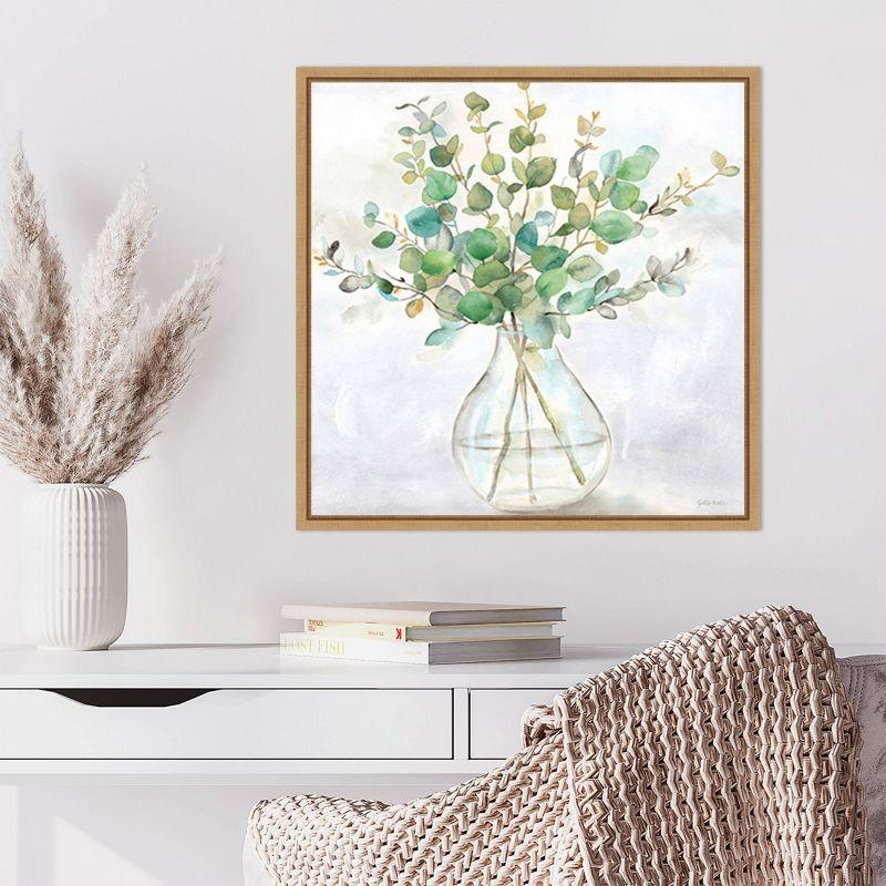 Eucalyptus Vase II Green and Brown Canvas Wall Art with Maple Frame