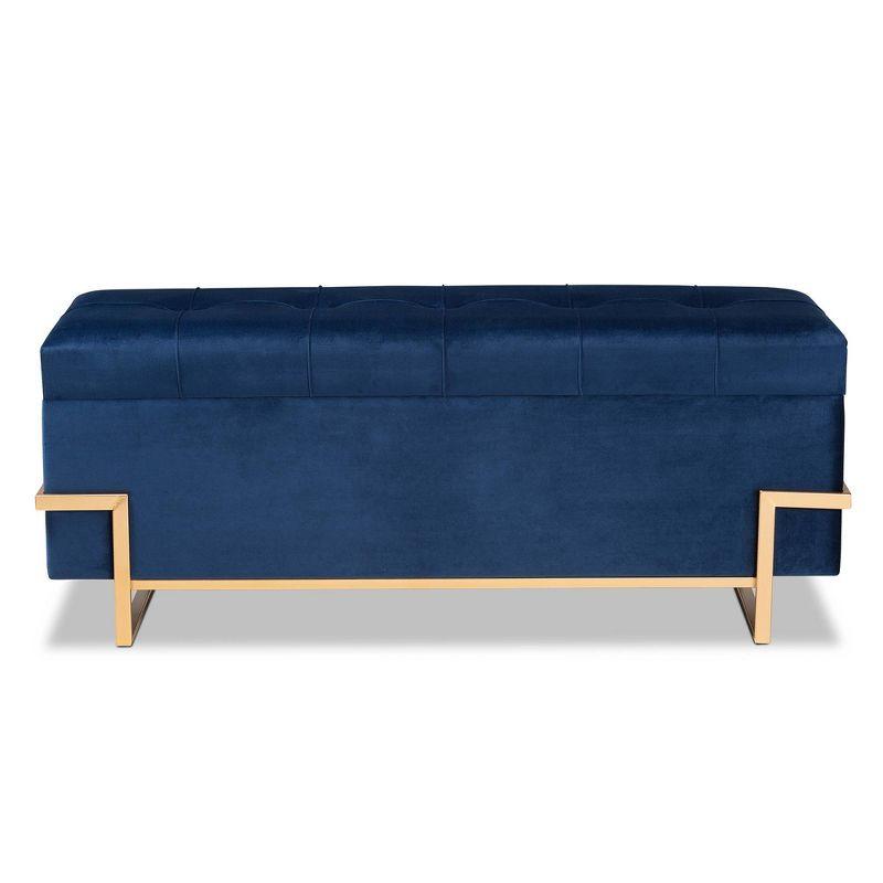 Parker Velvet Upholstered and Metal Storage Ottoman Blue/Gold - Baxton Studio: Rectangular Bench with Bow Pattern