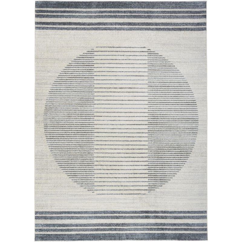 Nourison Astra Machine Washable Stripe Circle Mid-Century Modern Indoor Rug Ivory Blue 5'3" x 7'