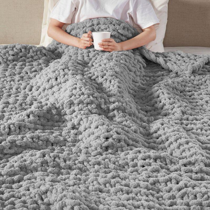 Gray Chenille Chunky Knit Handmade Throw Blanket