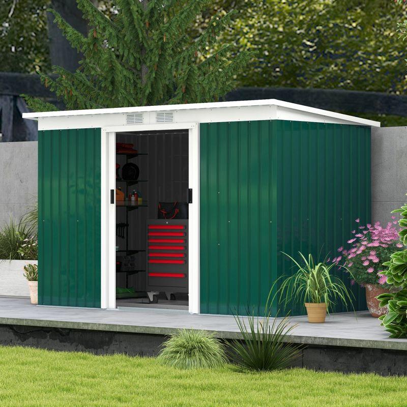 Green and White Metal Garden Storage Shed with Windows