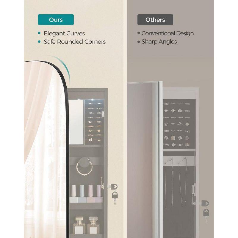 SONGMICS Jewelry Organizer, LED Jewelry Cabinet Wall or Door Mounted, Lockable Rounded Wide Mirror with Storage,Black Surface with Greige Lining