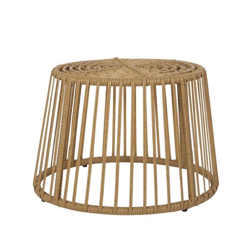 Light Brown Round Wicker Outdoor Side Table with Metal Frame