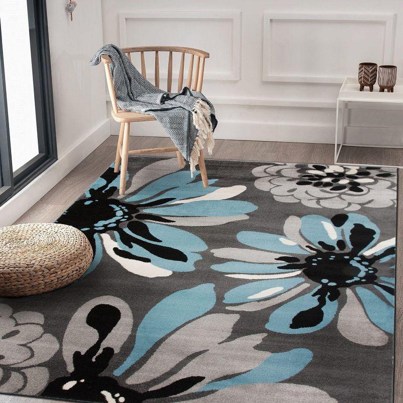 World Rug Gallery Contemporary Modern Flowers Area Rug - Blue 3'3" x 5':  Stain-Resistant,  Low Pile,  Floral Pattern
