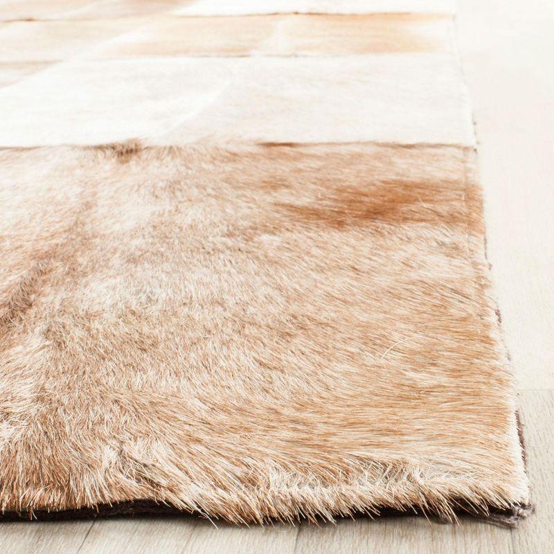 Beige and Brown Hand-Knotted Geometric Cowhide Rug