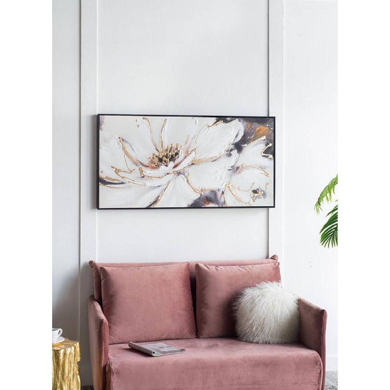 A&B Home Blooming Floral Framed Hand-Painted Wall Art - 24.5"W X 48"H X 2“L - Black Frame - Cream/Gray