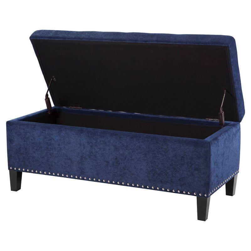18" Shandra Bench Storage Ottoman with Tufted Top Blue - Home: Faux Leather, Rectangular, Wood Legs, Polyester Upholstered