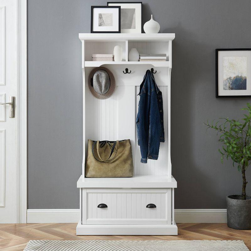 White Coastal Traditional Hall Tree with Storage and Hooks