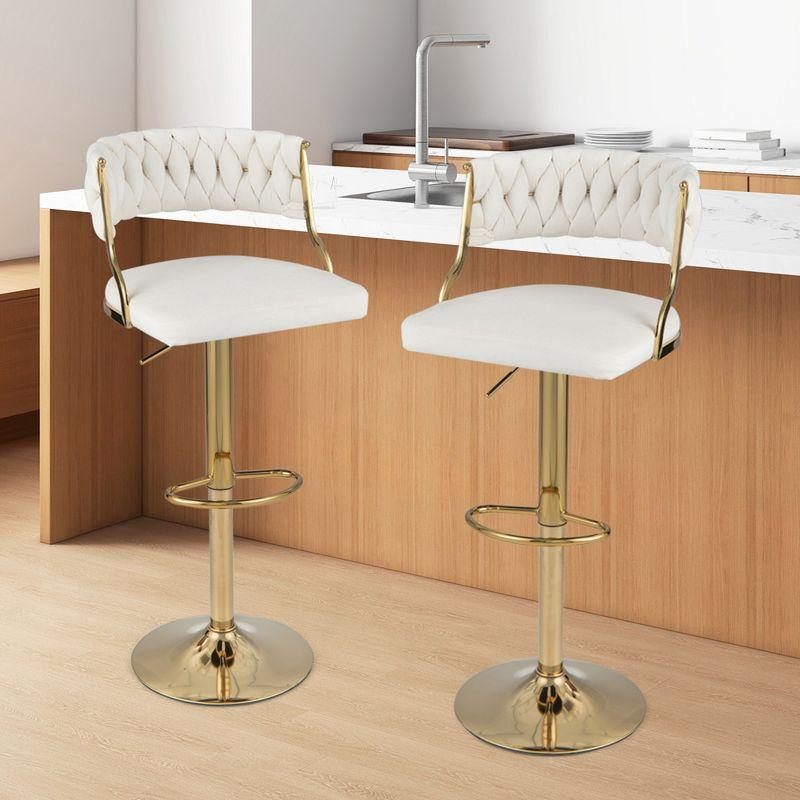 Costway Swivel Velvet Bar Stools Set of 2 Upholstered Adjustable with Woven Backrest Grey/Beige/Yellow