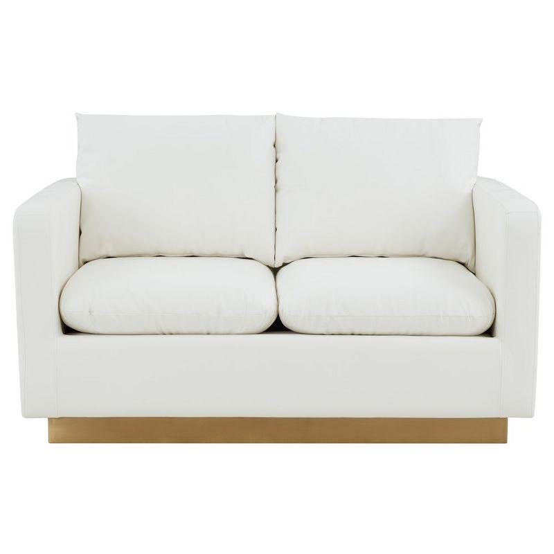 LeisureMod Nervo Mid-Century Modern Upholstered Faux Leather Loveseat with Gold Frame in White