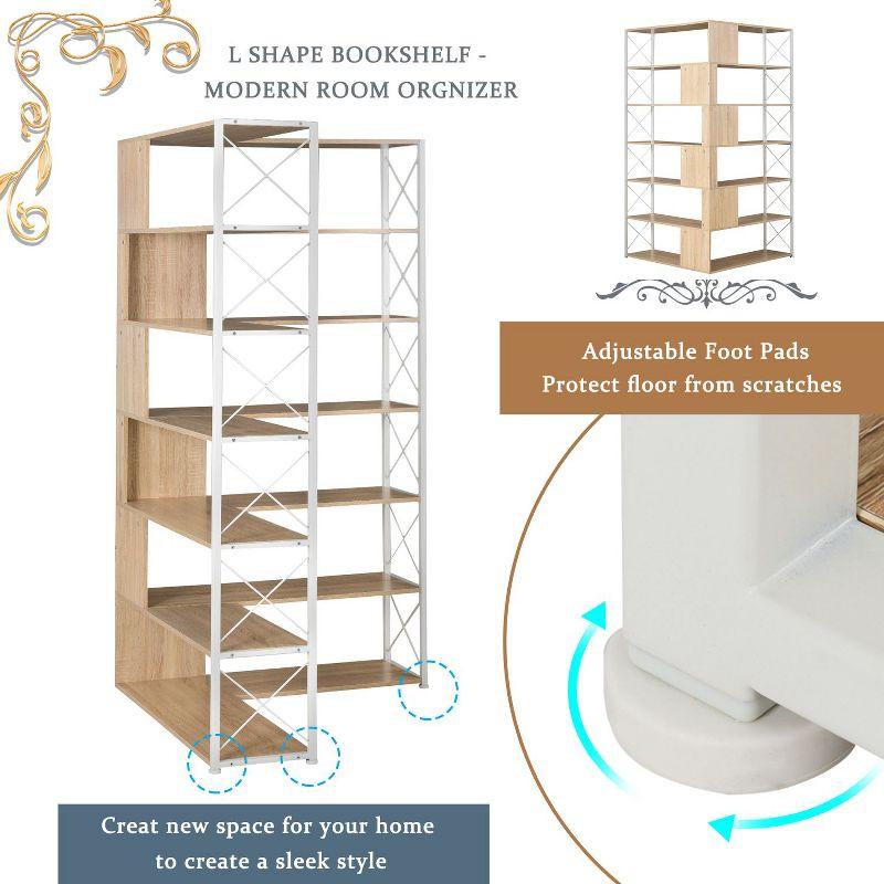 7-Tier Bookcase Home Office Bookshelf, L-Shaped Corner Bookcase with Metal Frame, Industrial Style Shelf with Open Storage, MDF Board-The Pop Home