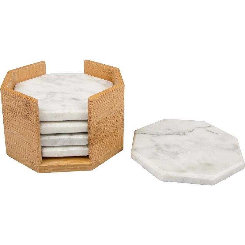 D'Eco White Carrara Marble Coasters w/ Bamboo Holder - Set of 5 - Tabletop Protection- Fits Any Size Wine Glass, Cup, Mug - Great Mother's Day Gift