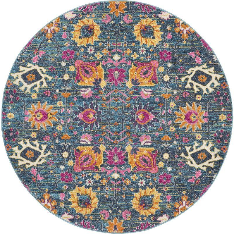 Denim Blue Floral Round Synthetic Area Rug 5'3"