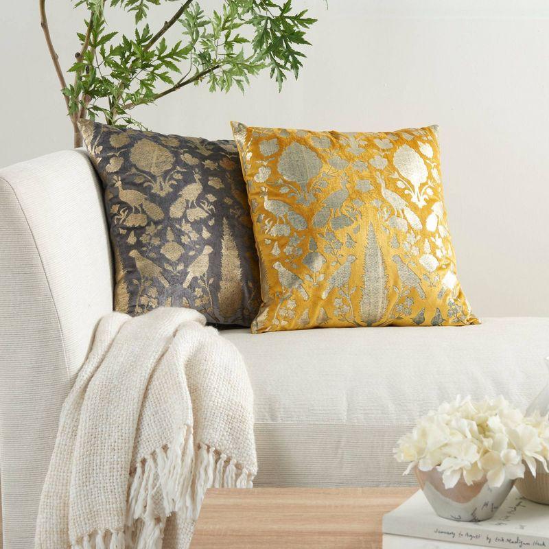 Golden Yellow Velvet Square Throw Pillow with Foil Print Birds