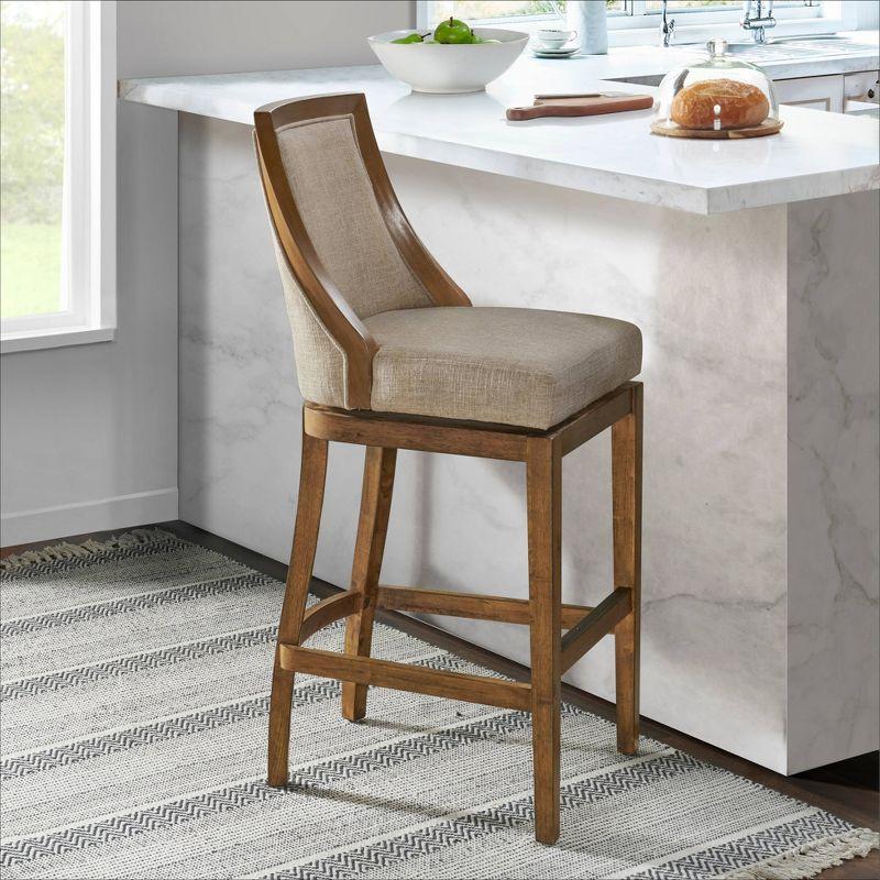 Alaterre Ellie Bar Height Stool, Back, Swivel Seat, Brown, Upholstered Padded Seat, Rubberwood Frame, Steel Memory Return Mechanism, Dimensions 19 in. W x 22 in. D x 46 in. H, Footrest, Metal Kick Plate