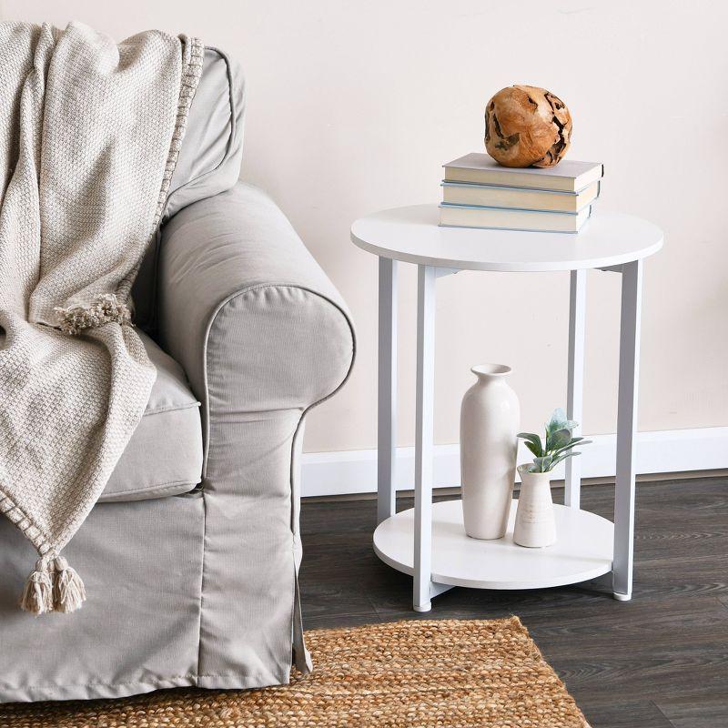 Household Essentials Jamestown Round End Table White: Modern Minimalist, Iron Frame, Particle Board Top