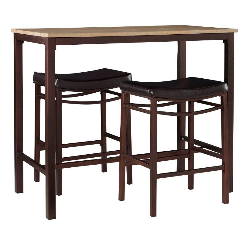 Linon 3pc Betty Faux Leather Stools Wood Pub Dining Set Wood/Brown: Counter Height, Padded Seat