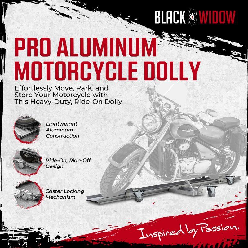 Black Widow Motorcycle Dolly with Fully Adjustable Kickstand Plate Locking Casters with Ride-On Load and Ride-Off Unload without Use of Ramp or Lever