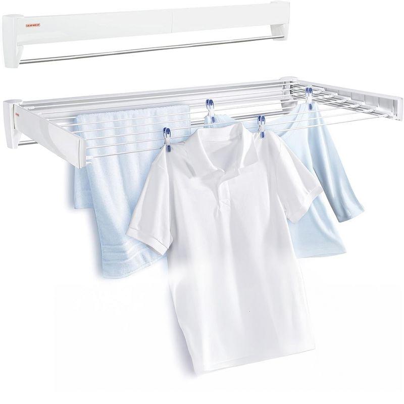 Leifheit Telefix 100 Wall-Mounted Retractable Clothes Drying Rack with 8 Rods, 26 ft. of Drying Space & Sleek Design for Laundry or Dorm Rooms, White