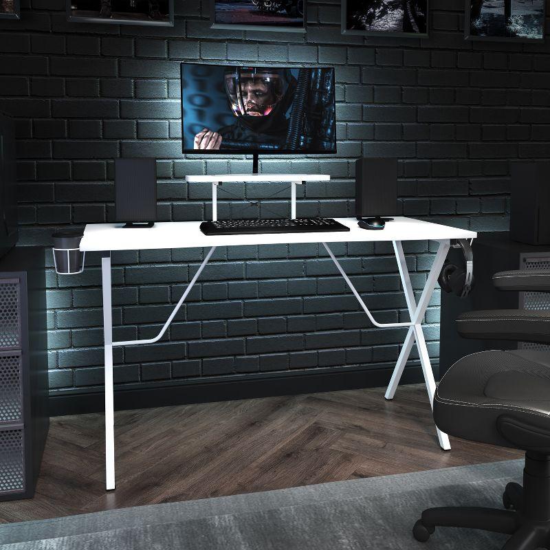 Elevate White Laminate Gaming Desk with Cup Holder & Headset Hook