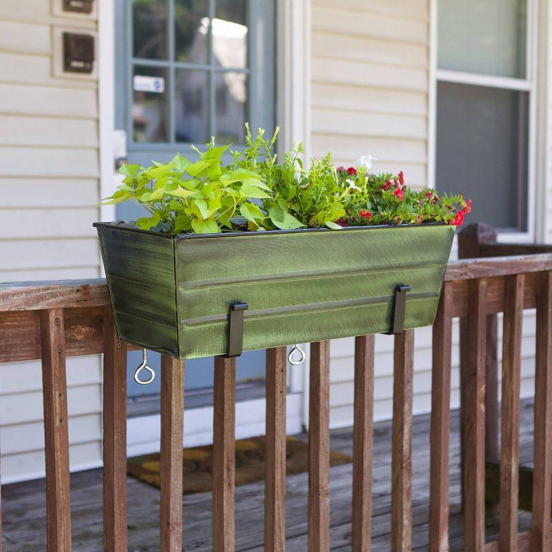 ACHLA Designs 24" Wide Rectangular Flower Box Galvanized Steel with Black Wrought Iron Clamp-On Brackets Green Patina