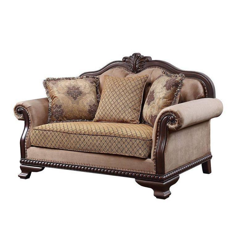 69" Chateau De Ville Fabric Sofa Espresso Finish - Acme Furniture: Carved Wood, Tufted Cushions, Includes 3 Pillows