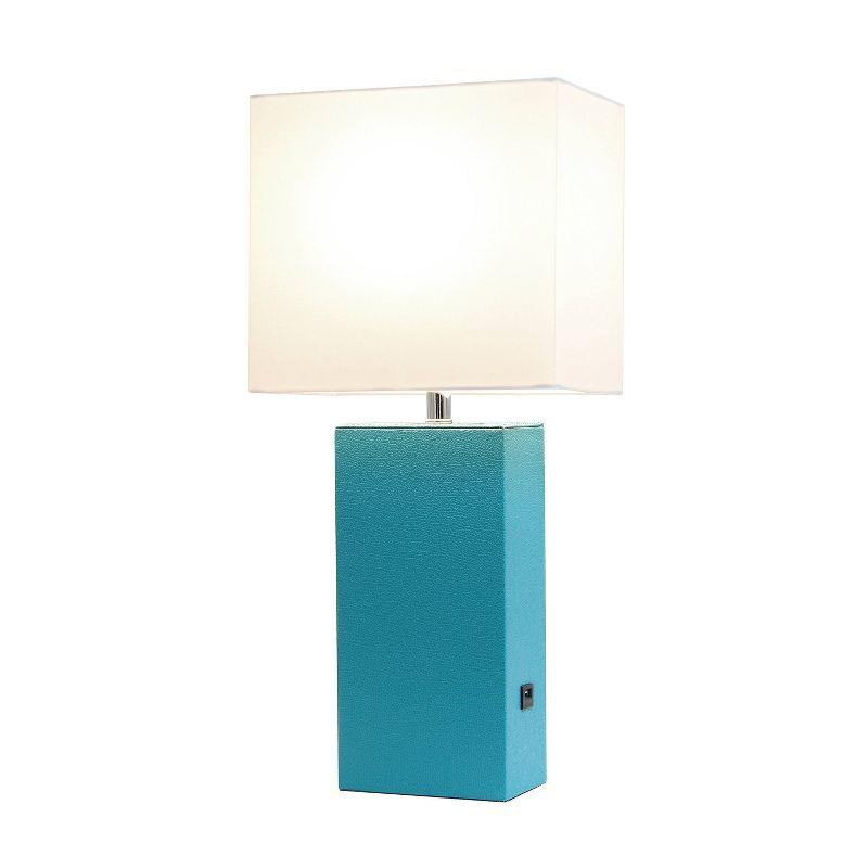 21" Lexington Leather Base Modern Home Decor Bedside Table Lamp with USB Charging Port and Fabric Shade Teal Green/White - Lalia Home: No Assembly