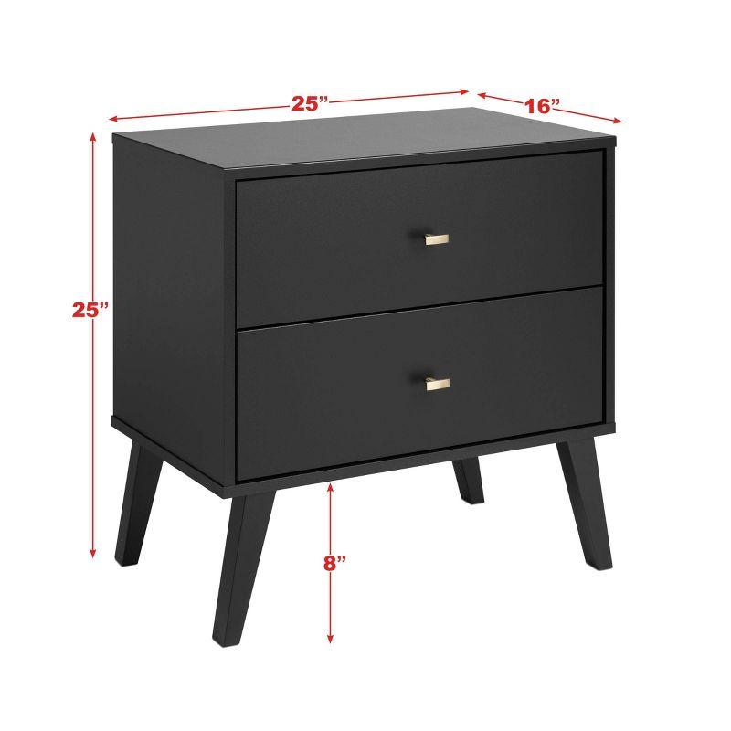Mid Century Modern 2 Drawer Wide Nightstand Black - Prepac: Sleek Bedside Furniture, Tapered Legs